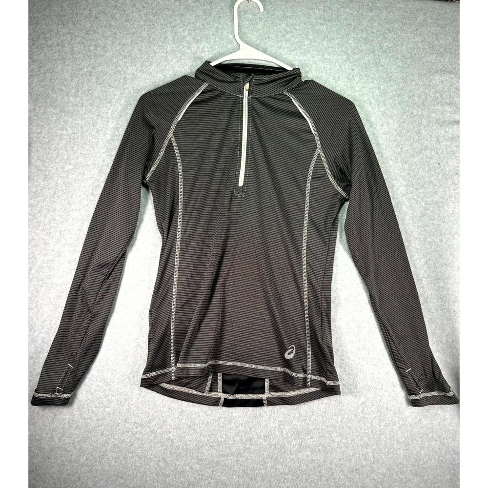 Asics Thermal Shirt Women Small Black Gray Micro Striped 1/4 Zip Raglan Sleeve